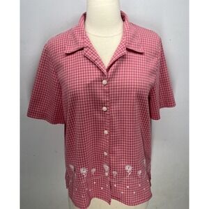 Allison Daley Button Up Shirt, Women's Small Pink Gigham Floral Embroidered